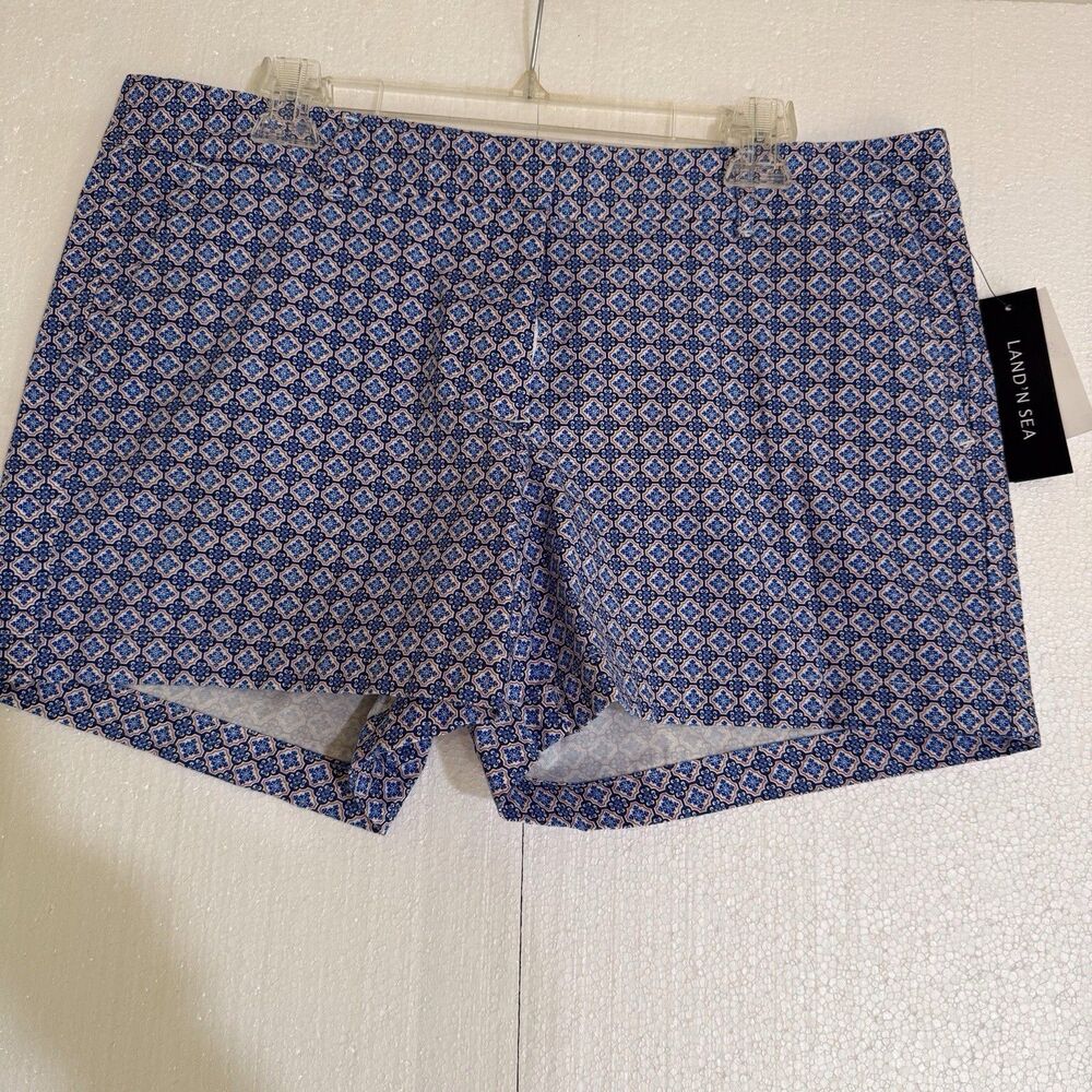 NWT‎ Land N Sea Blue Orange Geometric Print Flat Front Shorts Women 14